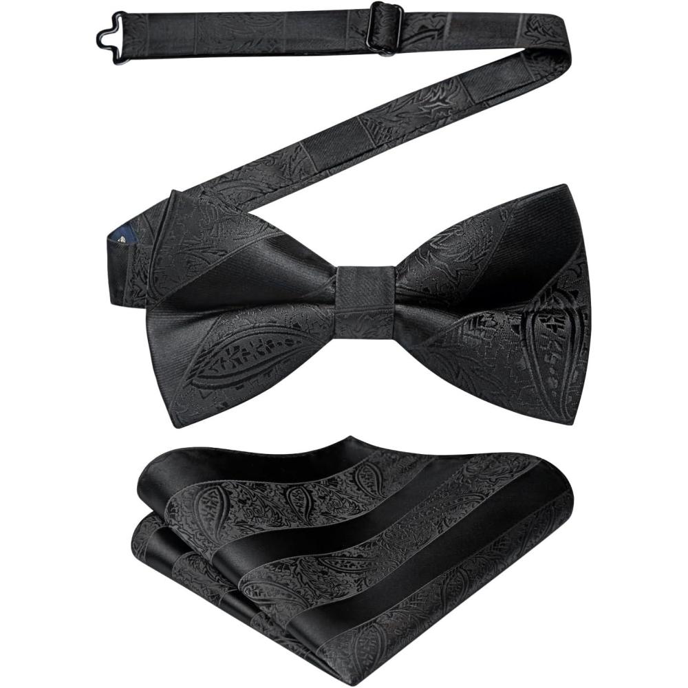 imageHISDERN Bow Ties for Men Paisley Floral Pretied Bowtie Pocket Square Set Mens Formal Bow Ties Wedding PartyZblack1