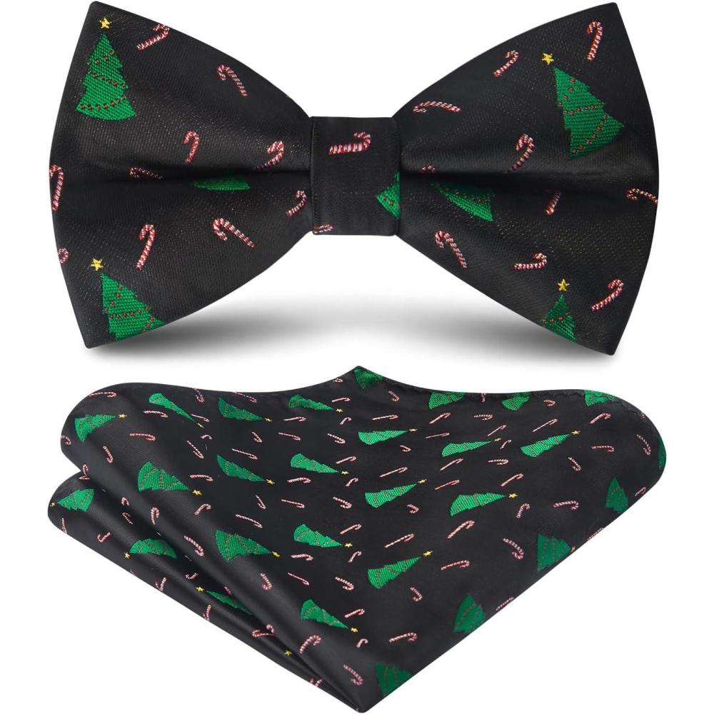 imageHISDERN Christmas Mens Bow Ties Set Holiday Festival Bow Tie and Pocket Square Set with Gift Box Bow Ties for Men Pretied09black Christmas Tree