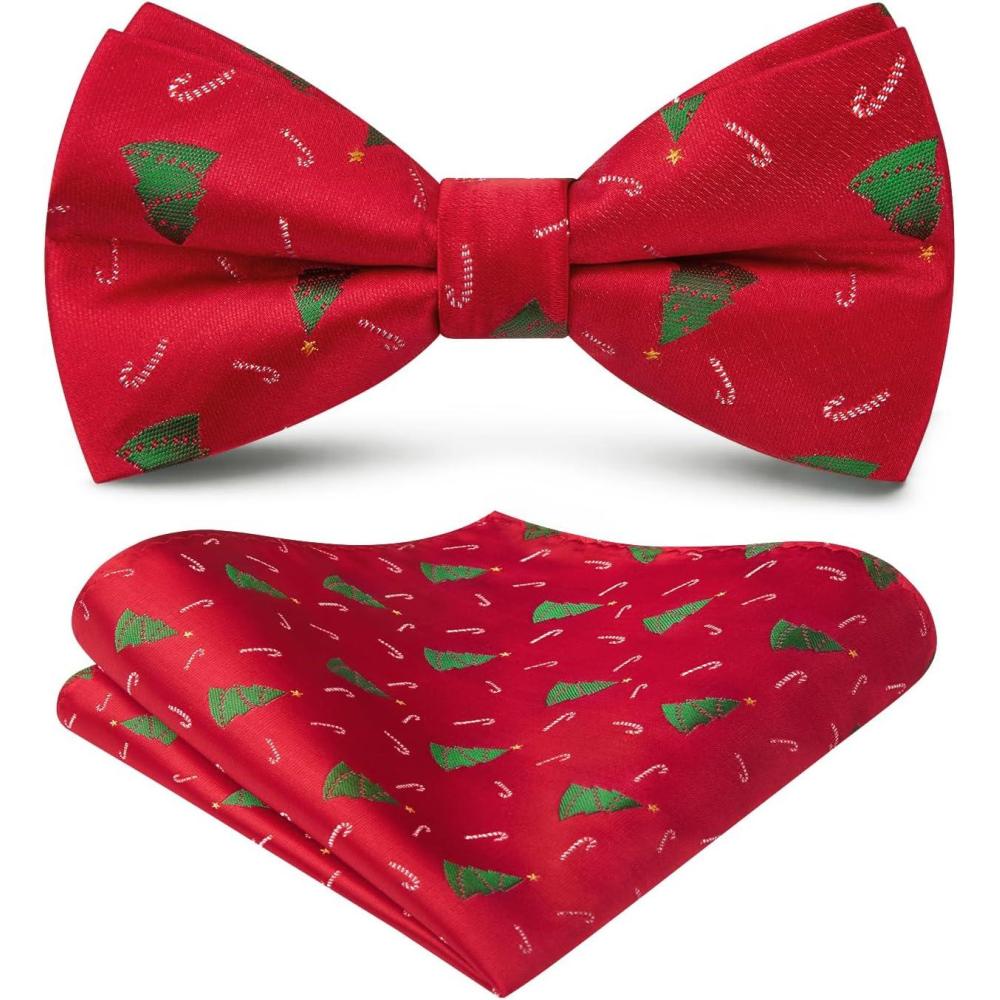 imageHISDERN Christmas Mens Bow Ties Set Holiday Festival Bow Tie and Pocket Square Set with Gift Box Bow Ties for Men Pretied10red Christmas Tree