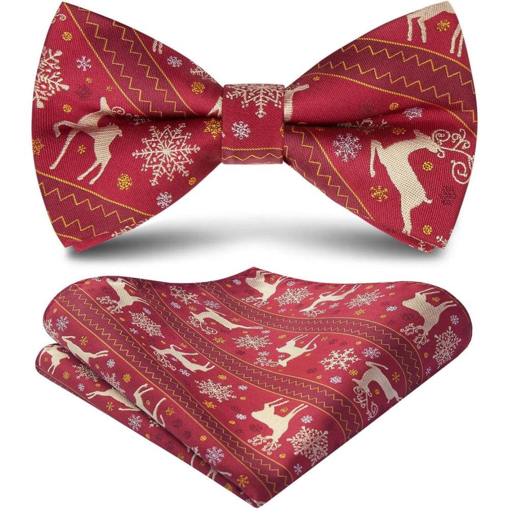 imageHISDERN Christmas Mens Bow Ties Set Holiday Festival Bow Tie and Pocket Square Set with Gift Box Bow Ties for Men Pretied15burgundy Deer