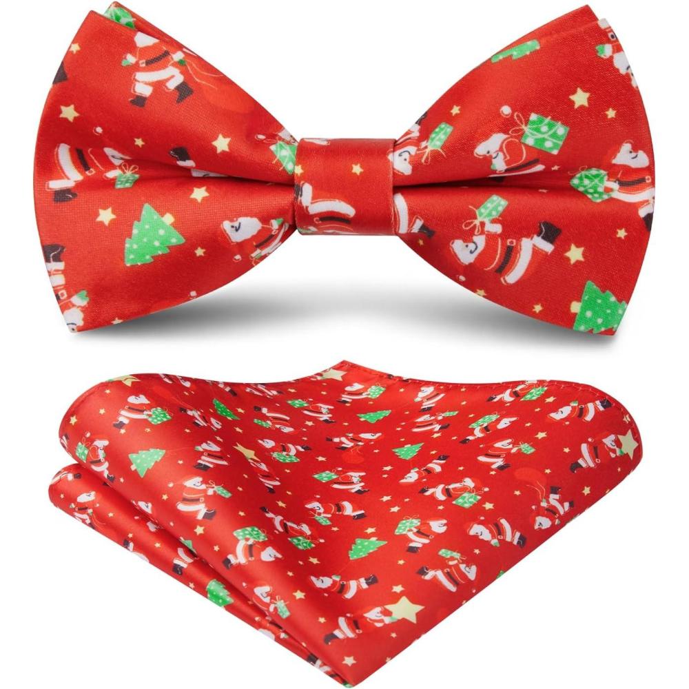 imageHISDERN Christmas Mens Bow Ties Set Holiday Festival Bow Tie and Pocket Square Set with Gift Box Bow Ties for Men Pretied17red