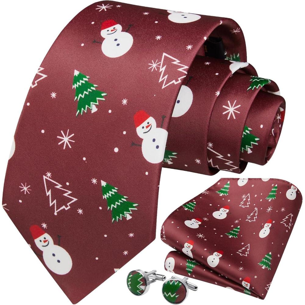 imageHISDERN Christmas Ties for Men Festival Xmas Silk Necktie Holiday Vocation Funny Tie Pocket Square Cufflinks SetBurgundy Snowman