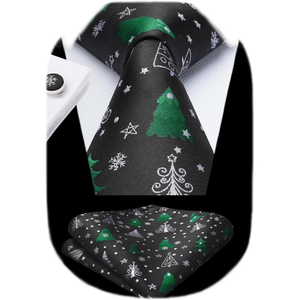 imageHISDERN Christmas Ties for Men Holiday Tie and Pocket Square Cufflinks Festival Party Xmas Funny Silk Woven NecktieAchristmas Tree
