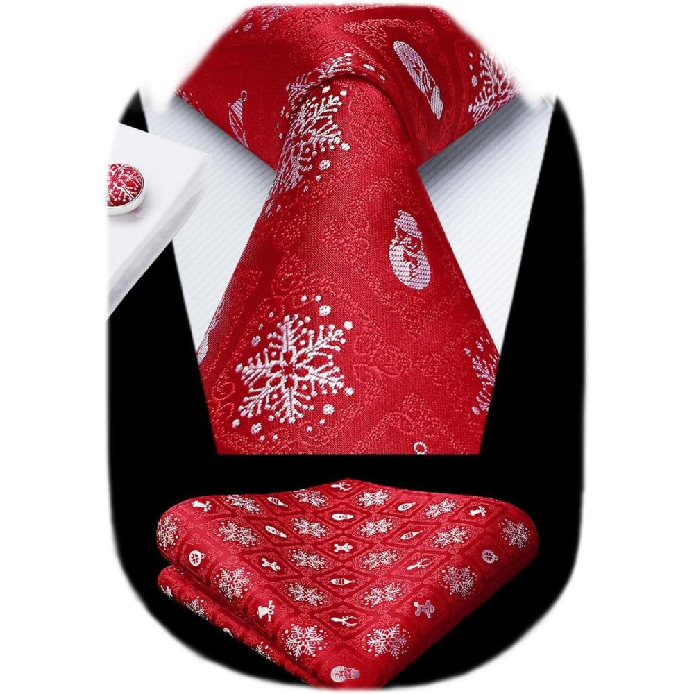 imageHISDERN Christmas Ties for Men Holiday Tie and Pocket Square Cufflinks Festival Party Xmas Funny Silk Woven NecktieBred  Snowfake