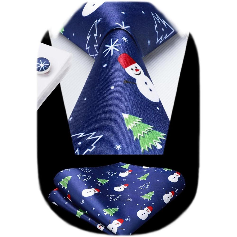 imageHISDERN Christmas Ties for Men Holiday Tie and Pocket Square Cufflinks Festival Party Xmas Funny Silk Woven NecktieDblue  Snowman