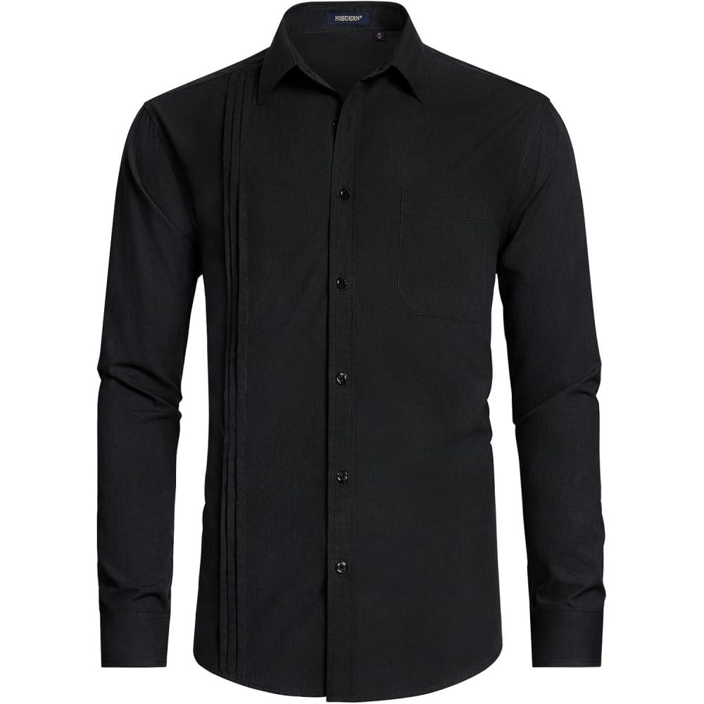 imageHISDERN Mens Dress Shirt Formal Long Sleeve Pleated Button Down Shirt for Men with Pocket for Prom Party WeddingBlack