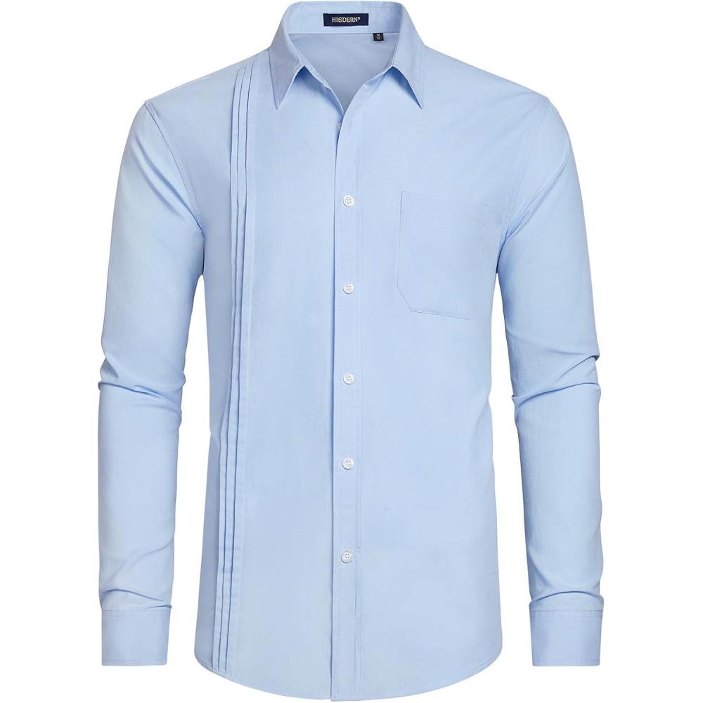 imageHISDERN Mens Dress Shirt Formal Long Sleeve Pleated Button Down Shirt for Men with Pocket for Prom Party WeddingBlue