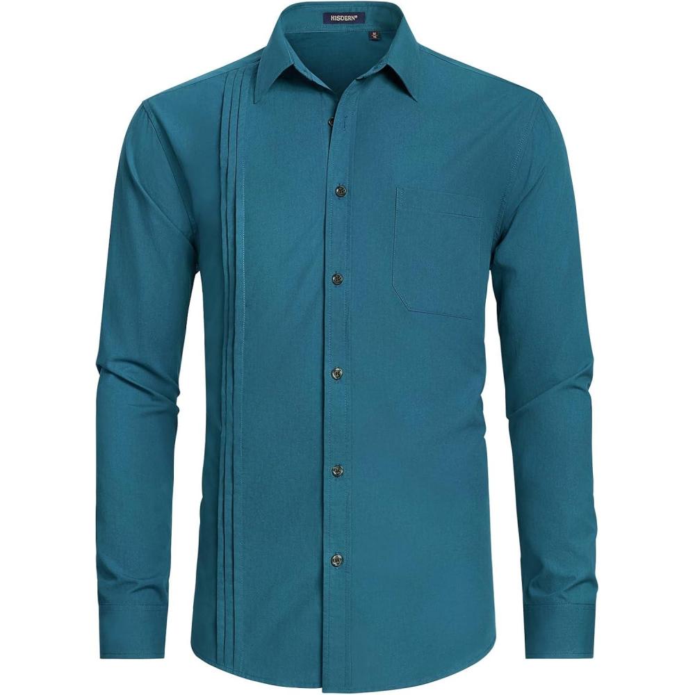 imageHISDERN Mens Dress Shirt Formal Long Sleeve Pleated Button Down Shirt for Men with Pocket for Prom Party WeddingOcean Blue