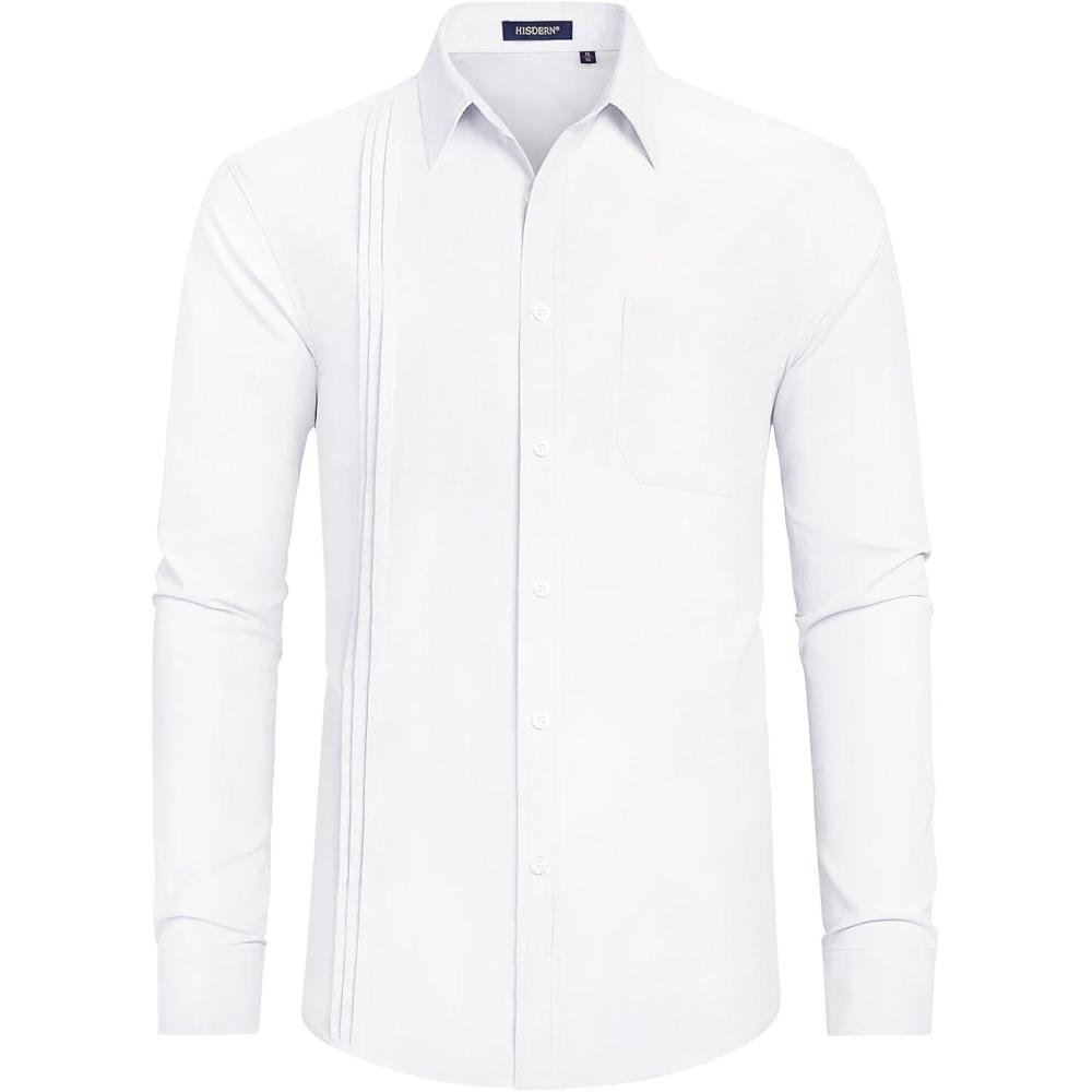 imageHISDERN Mens Dress Shirt Formal Long Sleeve Pleated Button Down Shirt for Men with Pocket for Prom Party WeddingWhite