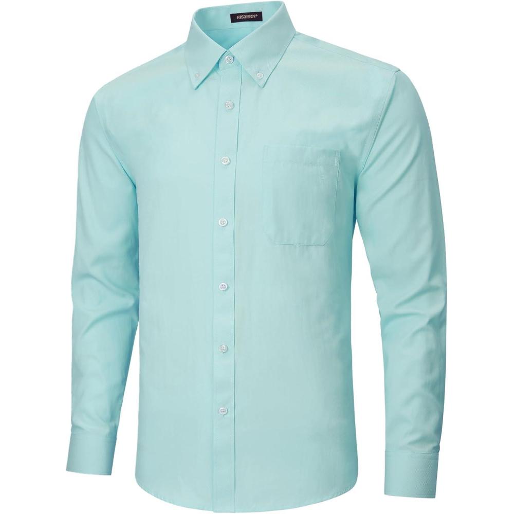 imageHISDERN Mens Dress Shirts Long Sleeve Wrinkle Free Formal Shirt Solid Stripe Business Casual Button Down ShirtsAqua Blue