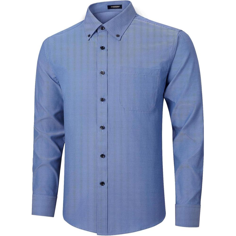 imageHISDERN Mens Dress Shirts Long Sleeve Wrinkle Free Formal Shirt Solid Stripe Business Casual Button Down ShirtsDark Blue