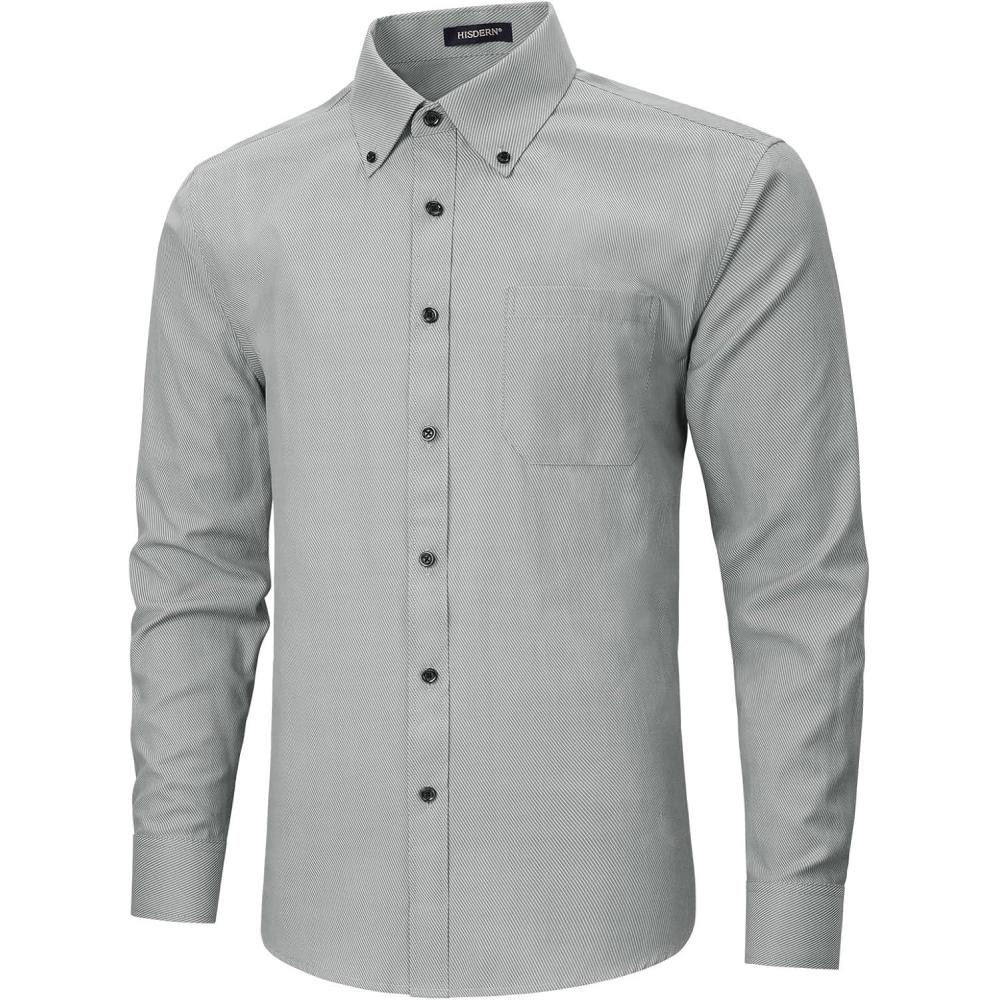 imageHISDERN Mens Dress Shirts Long Sleeve Wrinkle Free Formal Shirt Solid Stripe Business Casual Button Down ShirtsGrey