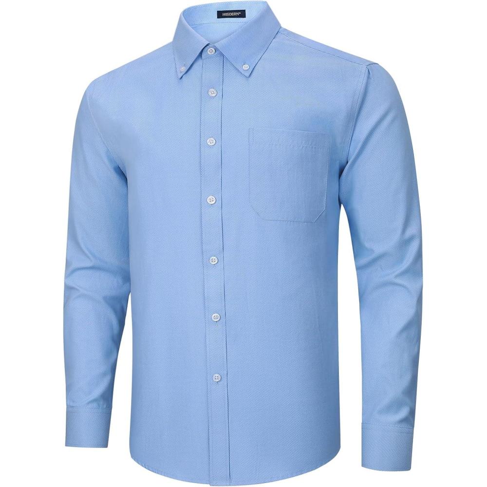 imageHISDERN Mens Dress Shirts Long Sleeve Wrinkle Free Formal Shirt Solid Stripe Business Casual Button Down ShirtsLake Blue