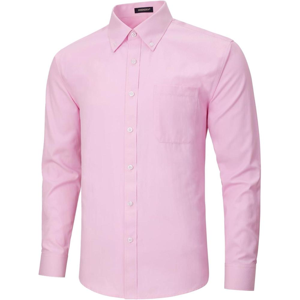 imageHISDERN Mens Dress Shirts Long Sleeve Wrinkle Free Formal Shirt Solid Stripe Business Casual Button Down ShirtsPink