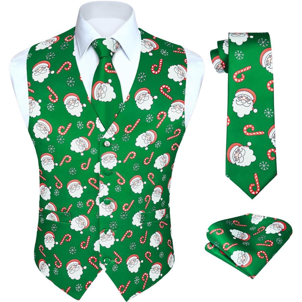 imageHISDERN Mens Suit Vest Christmas Holiday Season Party Jacquard Waistcoats Necktie Pocket Square Vest Suit SetGreen Santa