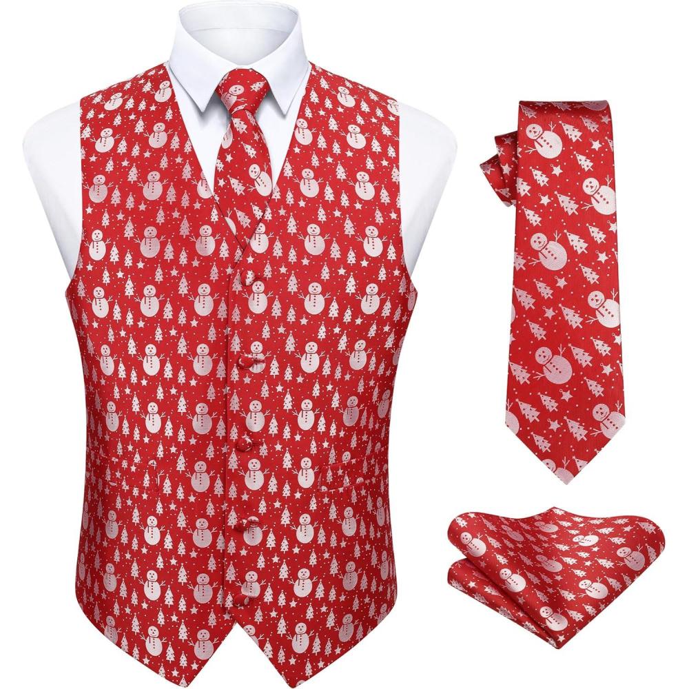 imageHISDERN Mens Suit Vest Christmas Holiday Season Party Jacquard Waistcoats Necktie Pocket Square Vest Suit SetRed Snowman Tree