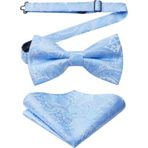imageHISDERN Bow Ties for Men Paisley Floral Pretied Bowtie Pocket Square Set Mens Formal Bow Ties Wedding PartyBaby Blue
