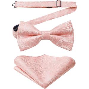 imageHISDERN Bow Ties for Men Paisley Floral Pretied Bowtie Pocket Square Set Mens Formal Bow Ties Wedding PartyBaby Pink