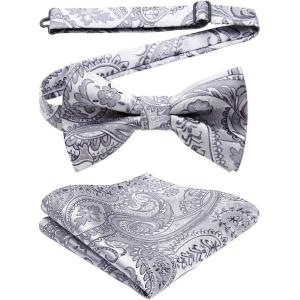 imageHISDERN Bow Ties for Men Paisley Floral Pretied Bowtie Pocket Square Set Mens Formal Bow Ties Wedding PartyBgray 1