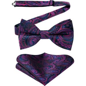 imageHISDERN Bow Ties for Men Paisley Floral Pretied Bowtie Pocket Square Set Mens Formal Bow Ties Wedding PartyBlack Purple