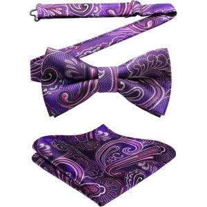 imageHISDERN Bow Ties for Men Paisley Floral Pretied Bowtie Pocket Square Set Mens Formal Bow Ties Wedding PartyDpurple 2