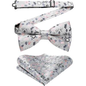 imageHISDERN Bow Ties for Men Paisley Floral Pretied Bowtie Pocket Square Set Mens Formal Bow Ties Wedding PartyDsilver