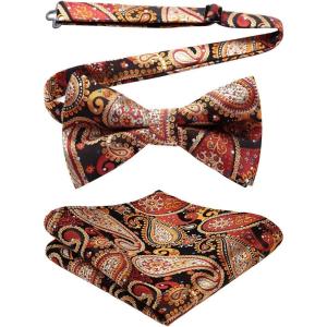 imageHISDERN Bow Ties for Men Paisley Floral Pretied Bowtie Pocket Square Set Mens Formal Bow Ties Wedding PartyForange 2