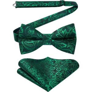 imageHISDERN Bow Ties for Men Paisley Floral Pretied Bowtie Pocket Square Set Mens Formal Bow Ties Wedding PartyGreen 03