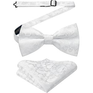 imageHISDERN Bow Ties for Men Paisley Floral Pretied Bowtie Pocket Square Set Mens Formal Bow Ties Wedding PartyHwhite