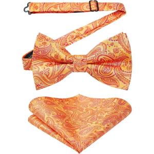 imageHISDERN Bow Ties for Men Paisley Floral Pretied Bowtie Pocket Square Set Mens Formal Bow Ties Wedding PartyOrange