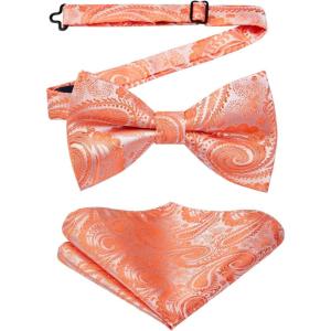 imageHISDERN Bow Ties for Men Paisley Floral Pretied Bowtie Pocket Square Set Mens Formal Bow Ties Wedding PartyOrange1