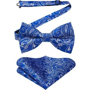 imageHISDERN Bow Ties for Men Paisley Floral Pretied Bowtie Pocket Square Set Mens Formal Bow Ties Wedding PartySapphire Blue