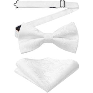 imageHISDERN Bow Ties for Men Paisley Floral Pretied Bowtie Pocket Square Set Mens Formal Bow Ties Wedding PartyWhite