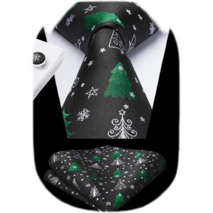 imageHISDERN Christmas Ties for Men Holiday Tie and Pocket Square Cufflinks Festival Party Xmas Funny Silk Woven NecktieAchristmas Tree