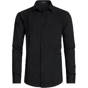 imageHISDERN Mens Dress Shirt Formal Long Sleeve Pleated Button Down Shirt for Men with Pocket for Prom Party WeddingBlack