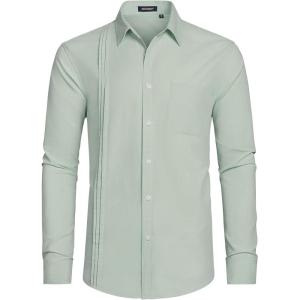 imageHISDERN Mens Dress Shirt Formal Long Sleeve Pleated Button Down Shirt for Men with Pocket for Prom Party WeddingGreen