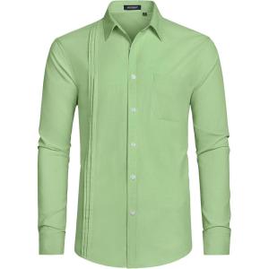 imageHISDERN Mens Dress Shirt Formal Long Sleeve Pleated Button Down Shirt for Men with Pocket for Prom Party WeddingGreen1