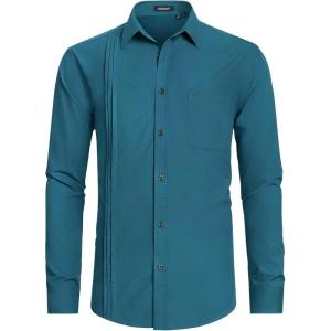 imageHISDERN Mens Dress Shirt Formal Long Sleeve Pleated Button Down Shirt for Men with Pocket for Prom Party WeddingOcean Blue