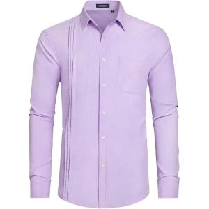 imageHISDERN Mens Dress Shirt Formal Long Sleeve Pleated Button Down Shirt for Men with Pocket for Prom Party WeddingPurple
