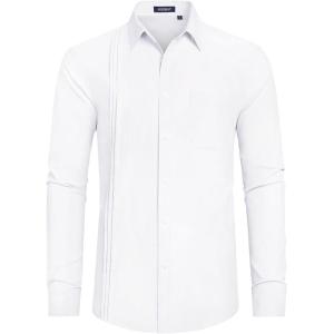 imageHISDERN Mens Dress Shirt Formal Long Sleeve Pleated Button Down Shirt for Men with Pocket for Prom Party WeddingWhite