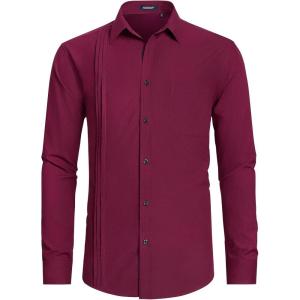 imageHISDERN Mens Dress Shirt Formal Long Sleeve Pleated Button Down Shirt for Men with Pocket for Prom Party WeddingWine Red