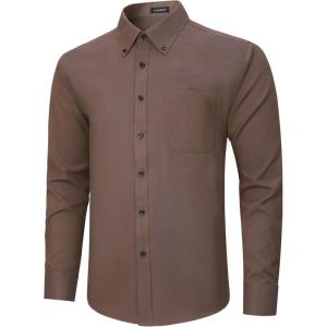 imageHISDERN Mens Dress Shirts Long Sleeve Wrinkle Free Formal Shirt Solid Stripe Business Casual Button Down ShirtsBrown