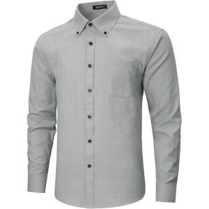 imageHISDERN Mens Dress Shirts Long Sleeve Wrinkle Free Formal Shirt Solid Stripe Business Casual Button Down ShirtsGrey