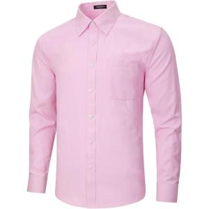 imageHISDERN Mens Dress Shirts Long Sleeve Wrinkle Free Formal Shirt Solid Stripe Business Casual Button Down ShirtsPink