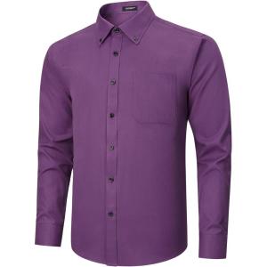 imageHISDERN Mens Dress Shirts Long Sleeve Wrinkle Free Formal Shirt Solid Stripe Business Casual Button Down ShirtsPurple