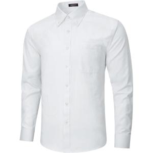 imageHISDERN Mens Dress Shirts Long Sleeve Wrinkle Free Formal Shirt Solid Stripe Business Casual Button Down ShirtsWhite