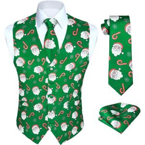 imageHISDERN Mens Suit Vest Christmas Holiday Season Party Jacquard Waistcoats Necktie Pocket Square Vest Suit SetGreen Santa