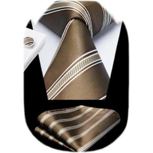 imageHISDERN Mens Tie Set Classic Woven Ties and Pocket Square Cufflinks Set Formal Business Wedding Neckties HandkerchiefAbrown