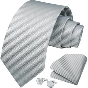 imageHISDERN Mens Tie Set Classic Woven Ties and Pocket Square Cufflinks Set Formal Business Wedding Neckties HandkerchiefAgrey