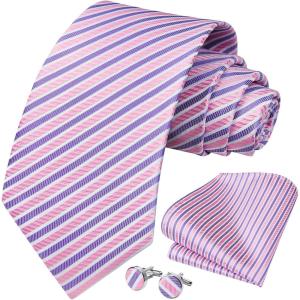 imageHISDERN Mens Tie Set Classic Woven Ties and Pocket Square Cufflinks Set Formal Business Wedding Neckties HandkerchiefApink